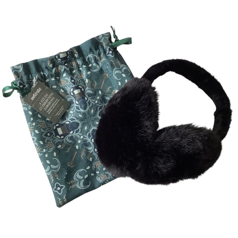Fuzzy Owlcrate Ear Muffs with A Study In Drowning Dust Bag